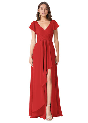 A-line V-Neck Floor-Length Chiffon Bridesmaid Dress With Ruffle