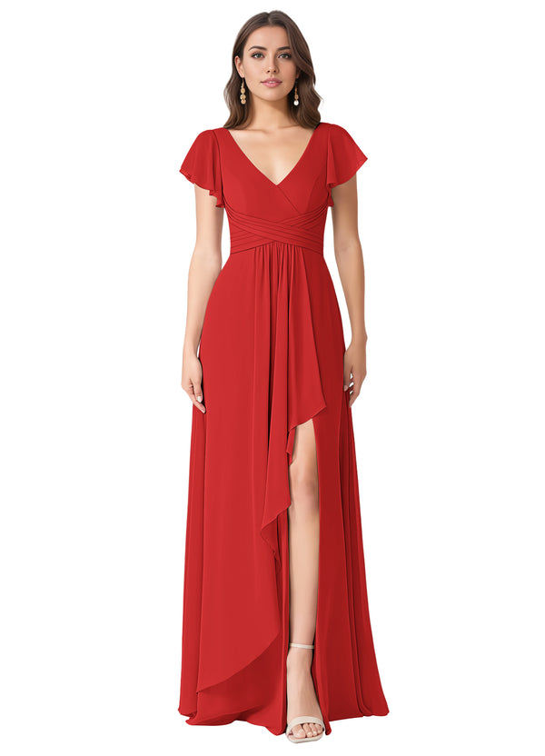 A-line V-Neck Floor-Length Chiffon Bridesmaid Dress With Ruffle