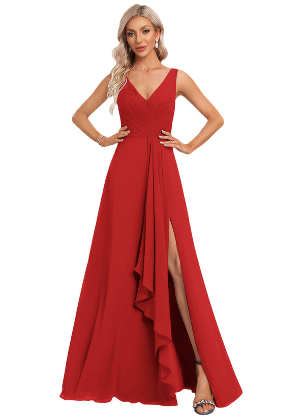 A-line V-Neck Floor-Length Chiffon Bridesmaid Dress with Ruffle