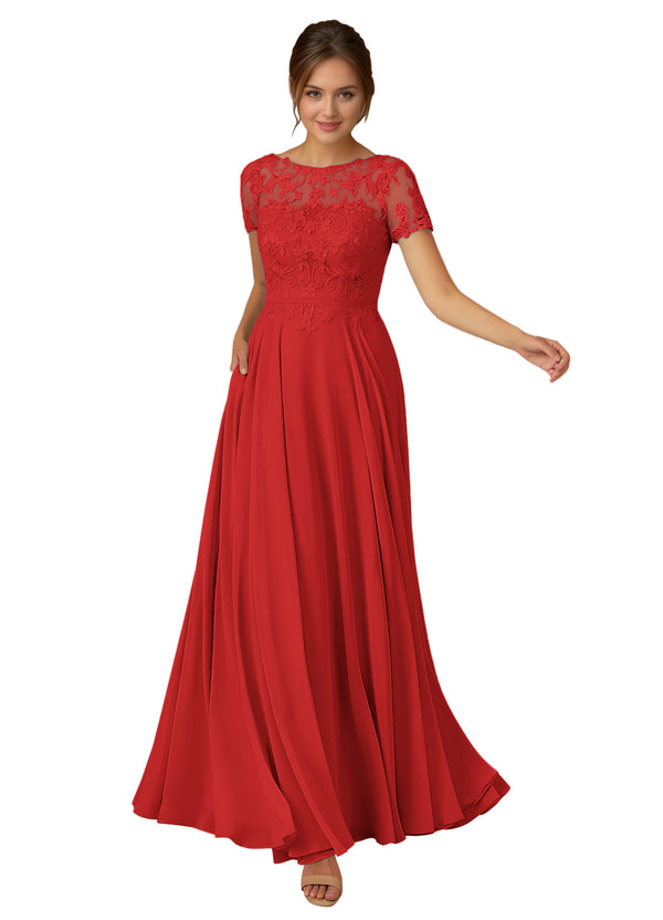 A-line Scoop Illusion Floor-Length Lace Chiffon Mother of the Bride Dress With Sequins