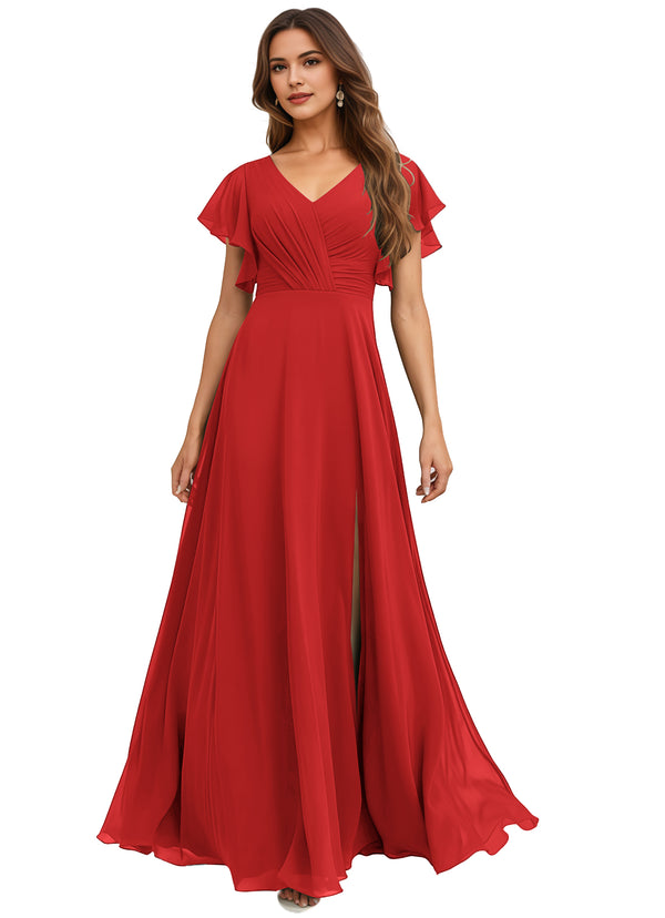 A-line V-Neck Floor-Length Chiffon Bridesmaid Dress With Ruffle