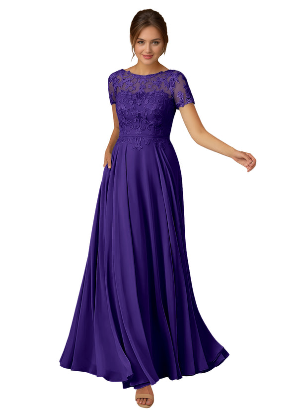 A-line Scoop Illusion Floor-Length Lace Chiffon Mother of the Bride Dress With Sequins