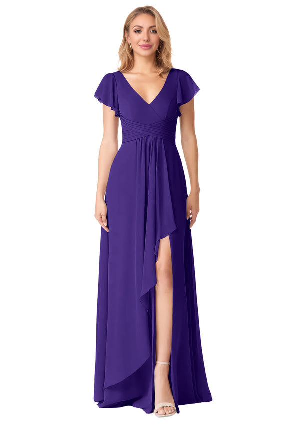 A-line V-Neck Floor-Length Chiffon Bridesmaid Dress With Ruffle