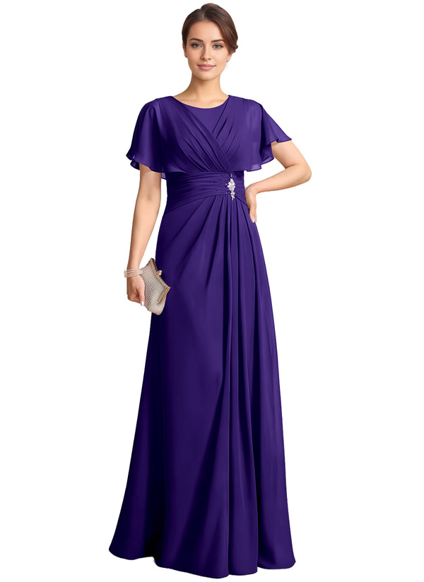A-line Scoop Floor-Length Chiffon Mother of the Bride Dress With Pleated Beading