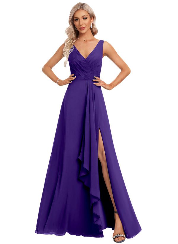 A-line V-Neck Floor-Length Chiffon Bridesmaid Dress with Ruffle