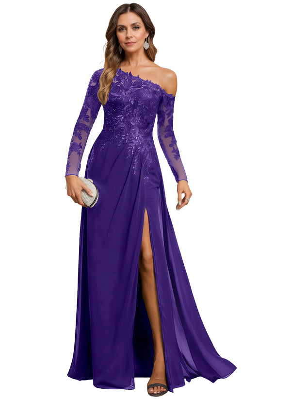 Trumpet/Mermaid Asymmetrical Illusion Floor-Length Lace Chiffon Evening Dress With Sequins