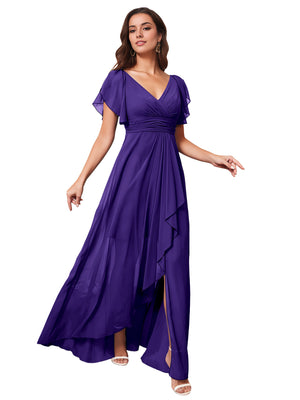A-line V-Neck Floor-Length Chiffon Bridesmaid Dress With Ruffle