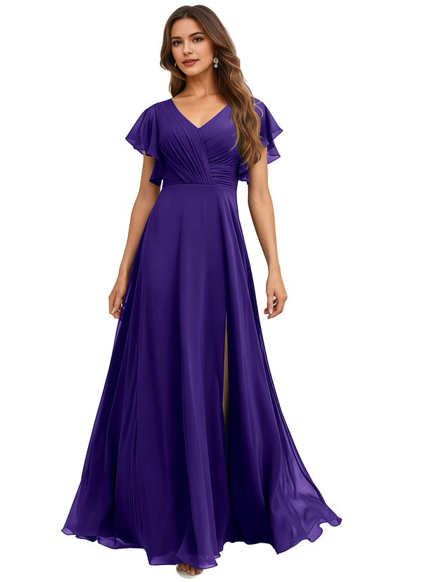 A-line V-Neck Floor-Length Chiffon Bridesmaid Dress With Ruffle