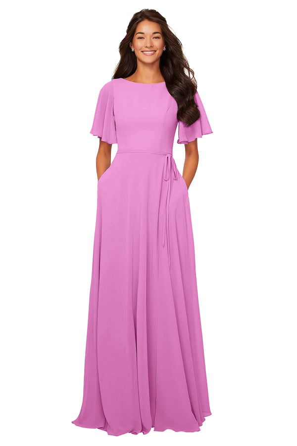 A-line Scoop Floor-Length Chiffon Bridesmaid Dress With Ruffle