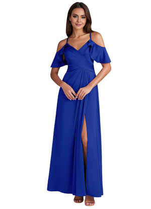 A-line Cold Shoulder Floor-Length Satin Bridesmaid Dress With Ruffle
