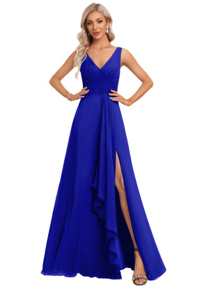 A-line V-Neck Floor-Length Chiffon Bridesmaid Dress with Ruffle