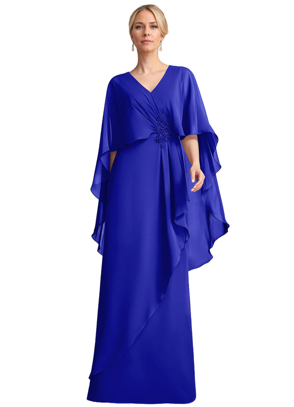 A-line V-Neck Floor-Length Chiffon Mother of the Bride Dress With Cascading Ruffles Beading