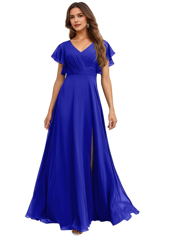 A-line V-Neck Floor-Length Chiffon Bridesmaid Dress With Ruffle