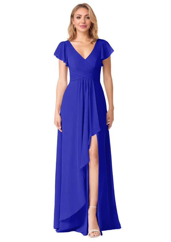 A-line V-Neck Floor-Length Chiffon Bridesmaid Dress With Ruffle