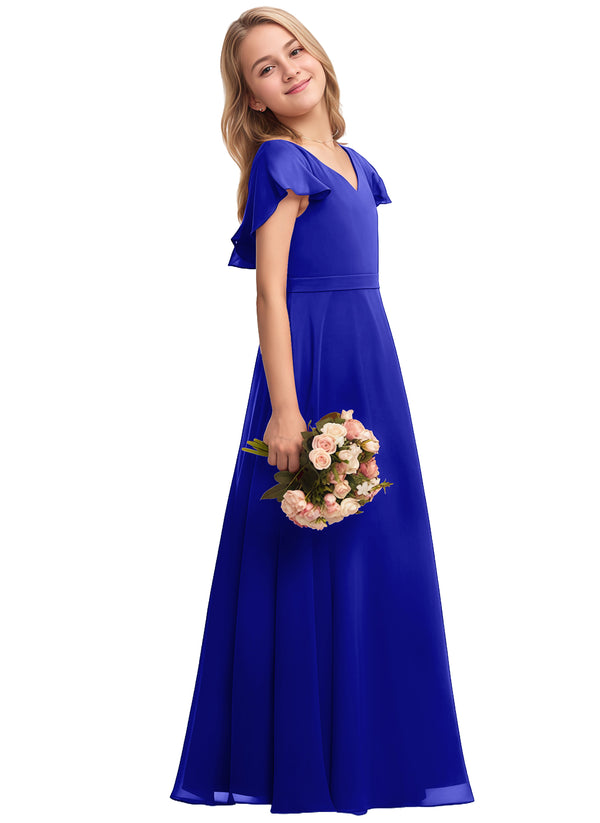 A-line V-Neck Floor-Length Chiffon Junior Bridesmaid Dress
