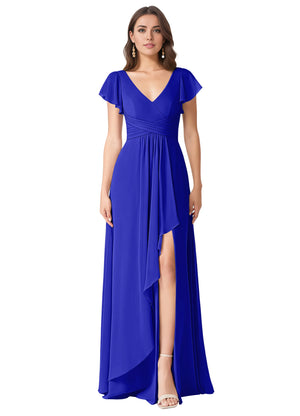 A-line V-Neck Floor-Length Chiffon Bridesmaid Dress With Ruffle