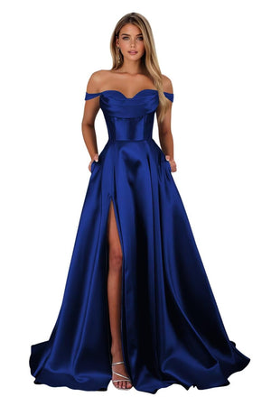 A-line Off the Shoulder Floor-Length Satin Prom Dresses