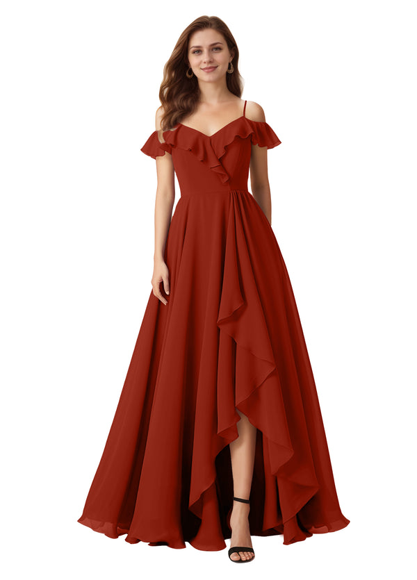 A-line Cold Shoulder Floor-Length Chiffon Bridesmaid Dress With Ruffle