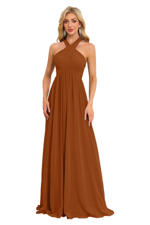 A-line Halter Floor-Length Chiffon Bridesmaid Dress With Ruffle