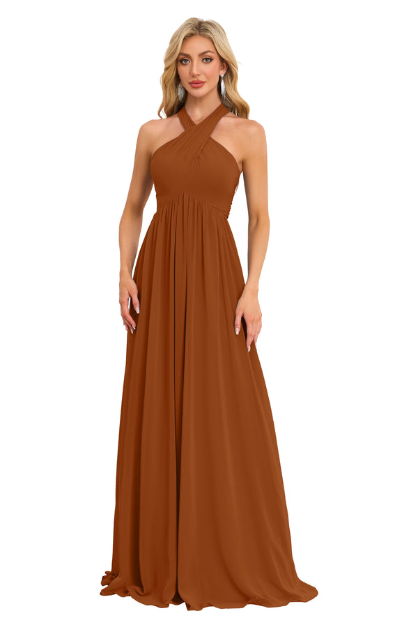 A-line Halter Floor-Length Chiffon Bridesmaid Dress With Ruffle