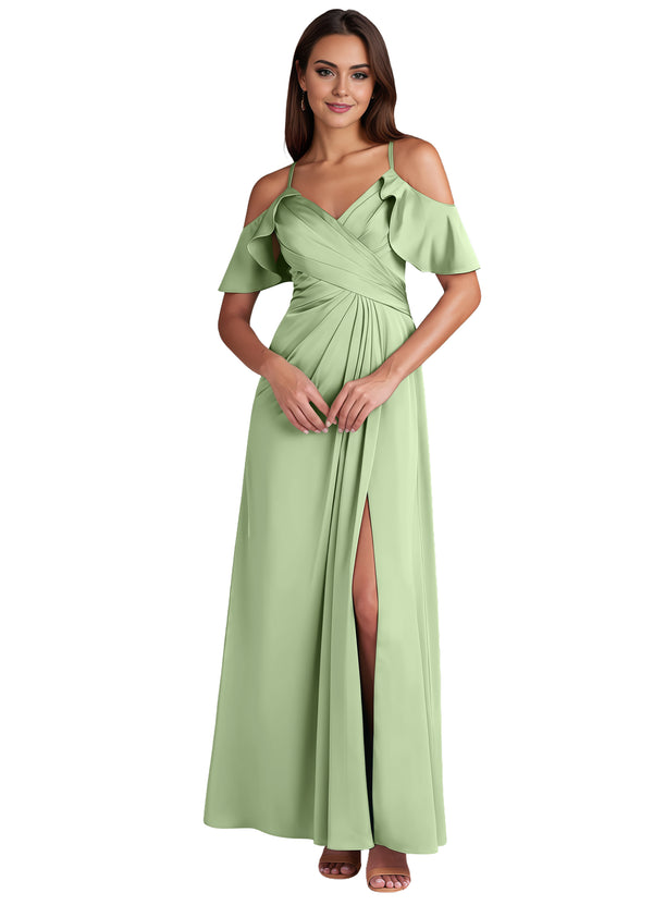 A-line Cold Shoulder Floor-Length Satin Bridesmaid Dress With Ruffle