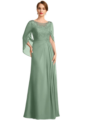 A-line Scoop Illusion Floor-Length Lace Chiffon Mother of the Bride Dress With Sequins Pleated