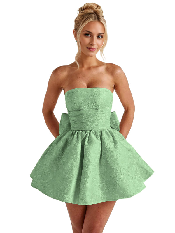 A-Line Strapless Short Jacquard Prom Dresses With Bow