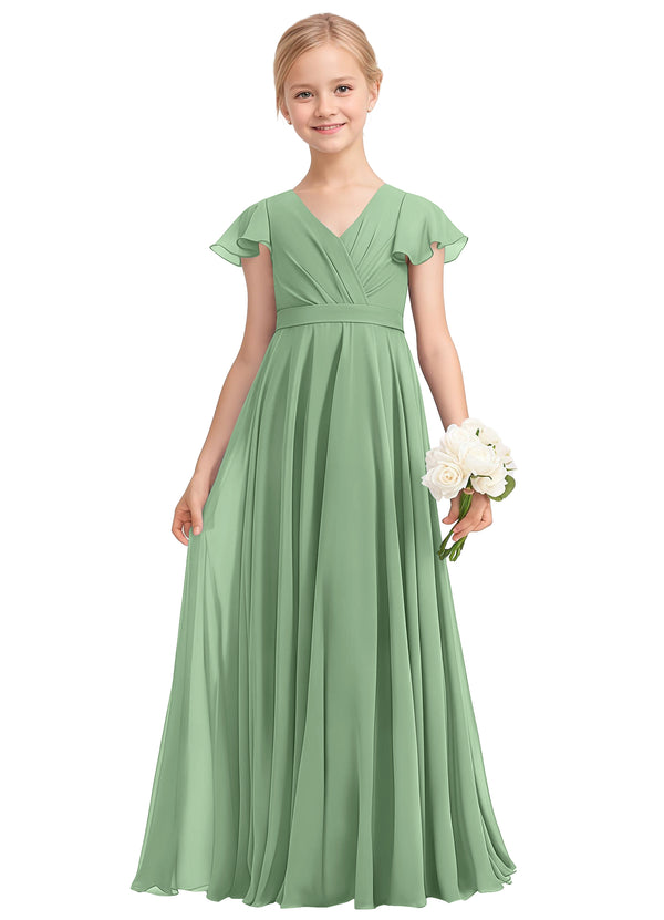 A-line V-Neck Floor-Length Chiffon Junior Bridesmaid Dress