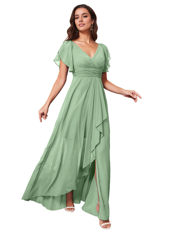 A-line V-Neck Floor-Length Chiffon Bridesmaid Dress With Ruffle