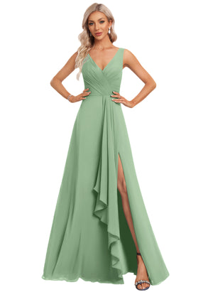 A-line V-Neck Floor-Length Chiffon Bridesmaid Dress with Ruffle