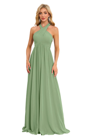 A-line Halter Floor-Length Chiffon Bridesmaid Dress With Ruffle