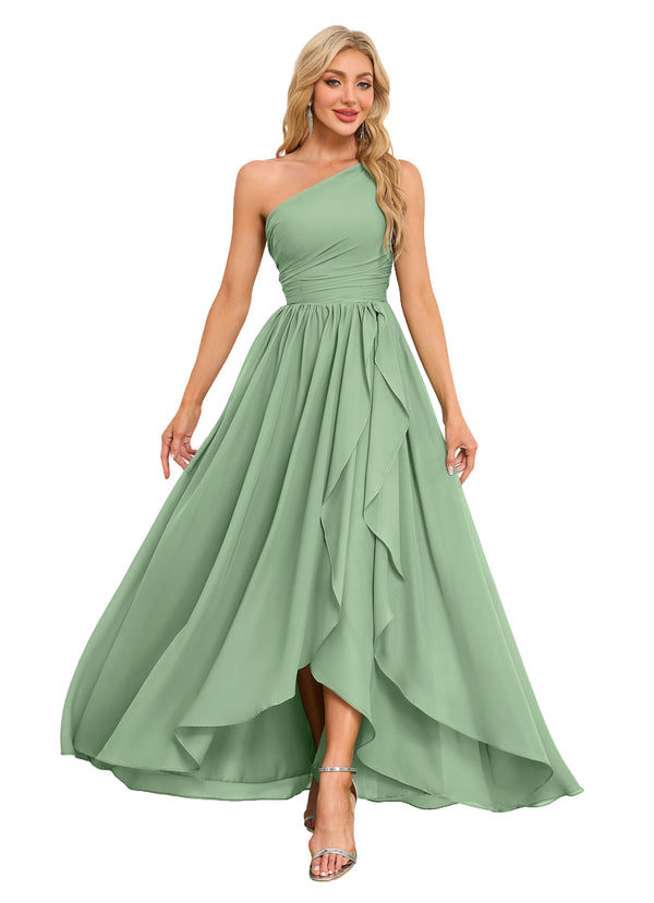A-line One Shoulder Floor-Length Chiffon Bridesmaid Dress With Ruffle