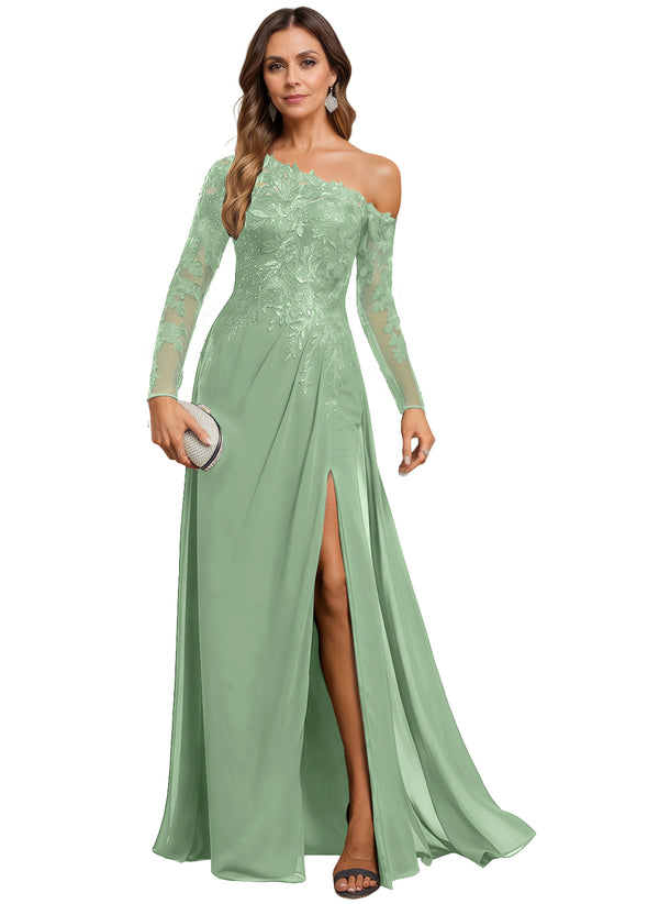 Trumpet/Mermaid Asymmetrical Illusion Floor-Length Lace Chiffon Evening Dress With Sequins