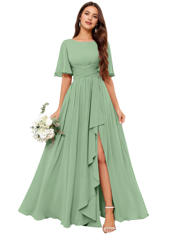 A-line Scoop Floor-Length Chiffon Bridesmaid Dress With Slit
