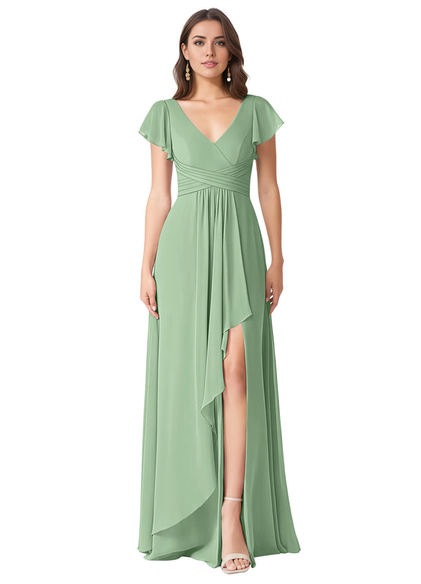 A-line V-Neck Floor-Length Chiffon Bridesmaid Dress With Ruffle