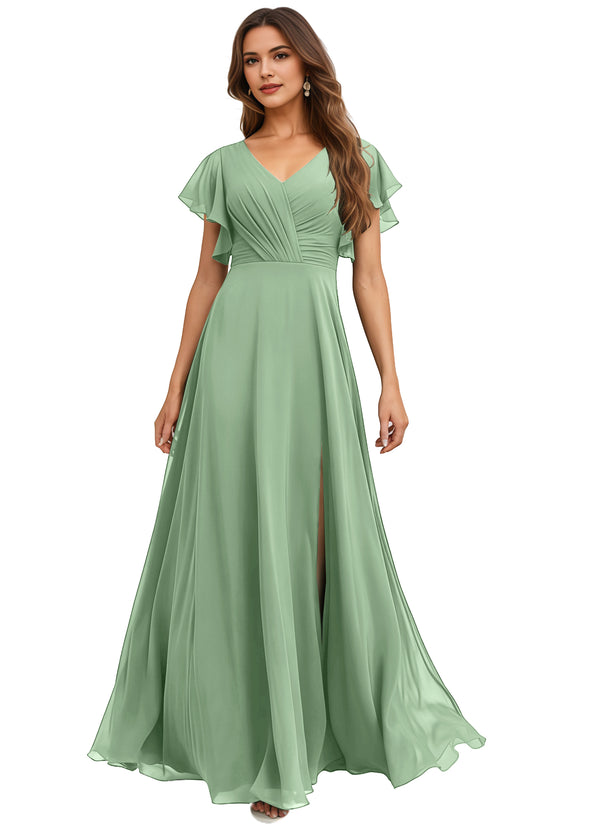 A-line V-Neck Floor-Length Chiffon Bridesmaid Dress With Ruffle