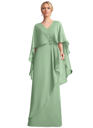 A-line V-Neck Floor-Length Chiffon Mother of the Bride Dress With Cascading Ruffles Beading