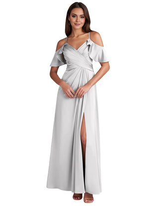 A-line Cold Shoulder Floor-Length Satin Bridesmaid Dress With Ruffle