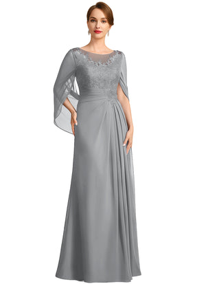 A-line Scoop Illusion Floor-Length Lace Chiffon Mother of the Bride Dress With Sequins Pleated