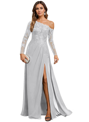 Trumpet/Mermaid Asymmetrical Illusion Floor-Length Lace Chiffon Evening Dress With Sequins