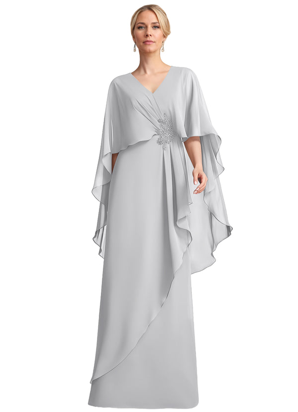 A-line V-Neck Floor-Length Chiffon Mother of the Bride Dress With Cascading Ruffles Beading