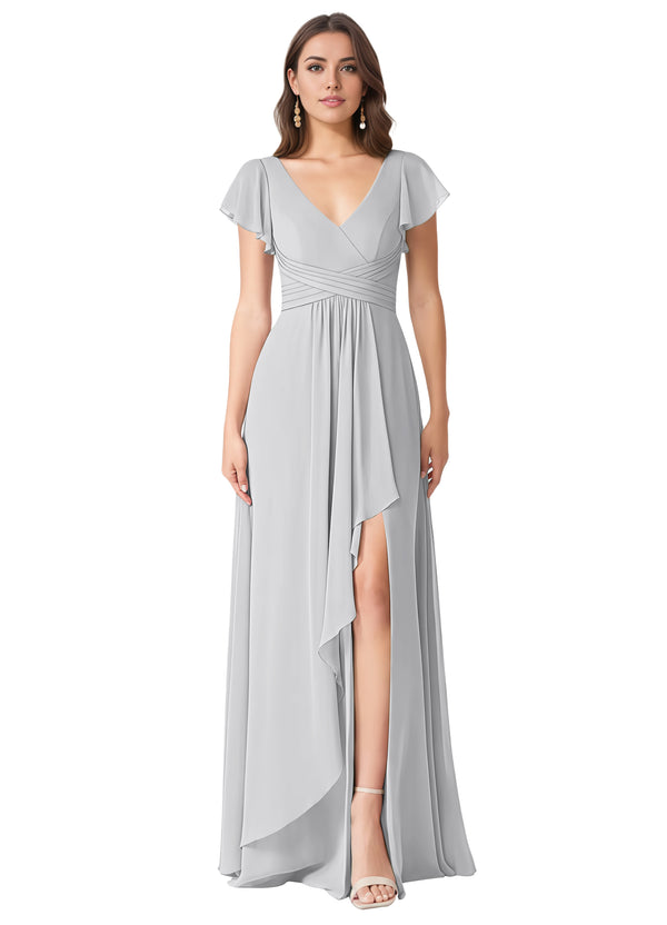 A-line V-Neck Floor-Length Chiffon Bridesmaid Dress With Ruffle