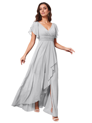 A-line V-Neck Floor-Length Chiffon Bridesmaid Dress With Ruffle