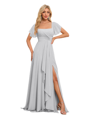 A-line Square Asymmetrical Chiffon Bridesmaid Dress