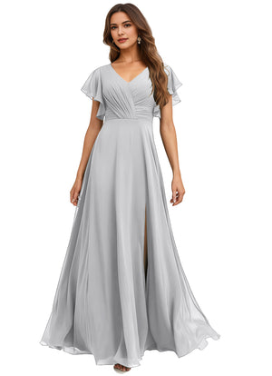 A-line V-Neck Floor-Length Chiffon Bridesmaid Dress With Ruffle