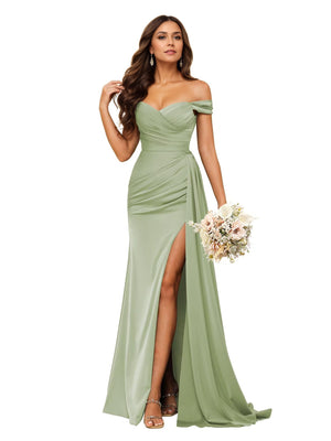 Trumpet/Mermaid Off the Shoulder Sweep Train Satin Prom Dresses