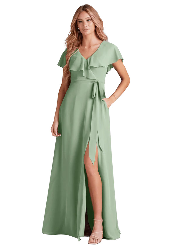 A-line V-Neck Floor-Length Chiffon Bridesmaid Dress With Ruffle