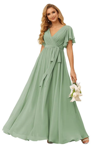 A-line V-Neck Floor-Length Chiffon Bridesmaid Dress With Ruffle