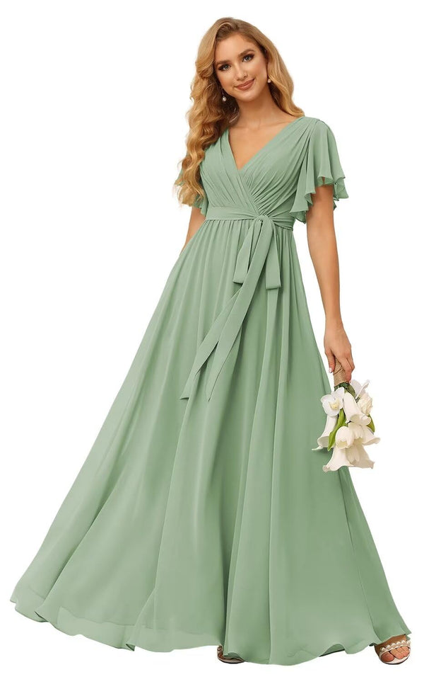 A-line V-Neck Floor-Length Chiffon Bridesmaid Dress With Ruffle