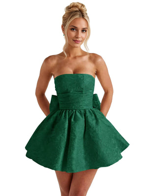 A-Line Strapless Short Jacquard Prom Dresses With Bow
